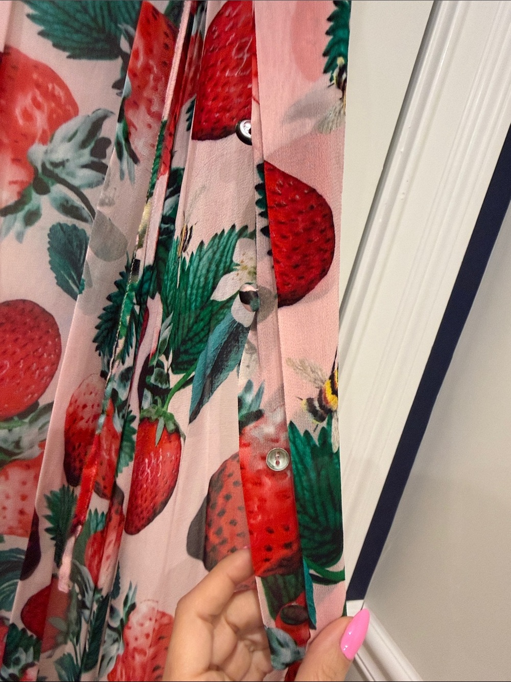 Sheer Strawberry-Print Long Kimono Tunic - Pink/Red - Picture 7 of 16